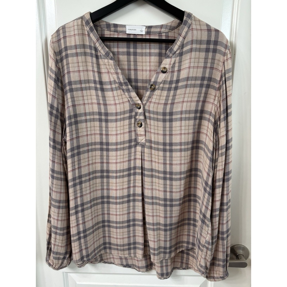 Women's Long Sleeve Top Tan Plaid 1/2 Button Pleated Blouse L Brushed Fleece